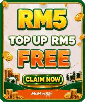 Top up RM5, RM5 free banner on the MrMart88 promotions page